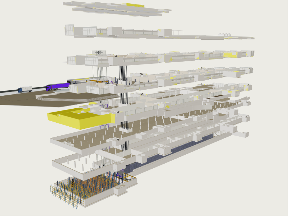 Exploded view of a multi-storey factory coordination model, showing storage, vertical transport and production floors.